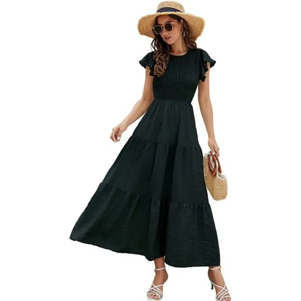 Women's Summer Casual Flutter Short Sleeve Crew Neck Smocked Elastic Maxi Dress - Picture 1 of 3